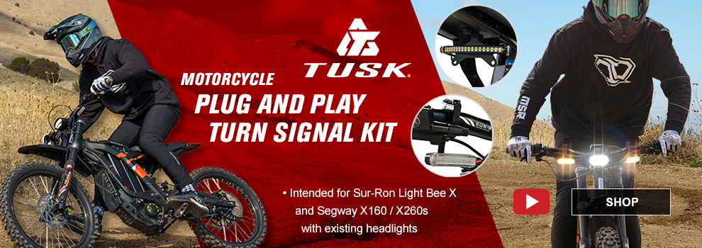Tusk Motorcycle plug and play turn signal kit, intended for Sur-Ron Light Bee X and Segway X one sixty and x two sixties with existing headlights, shop button